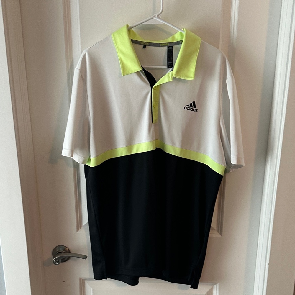 Adidas Men's White, Black, and Yellow Polo Shirt